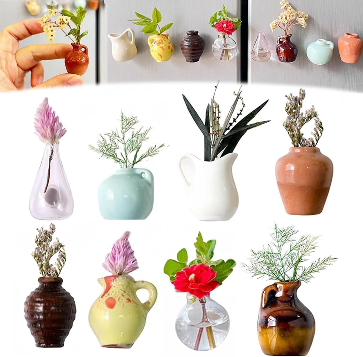 Mini Vase Magnets for Fridge, 8PCS Mini Ceramic Magnetic Vases for